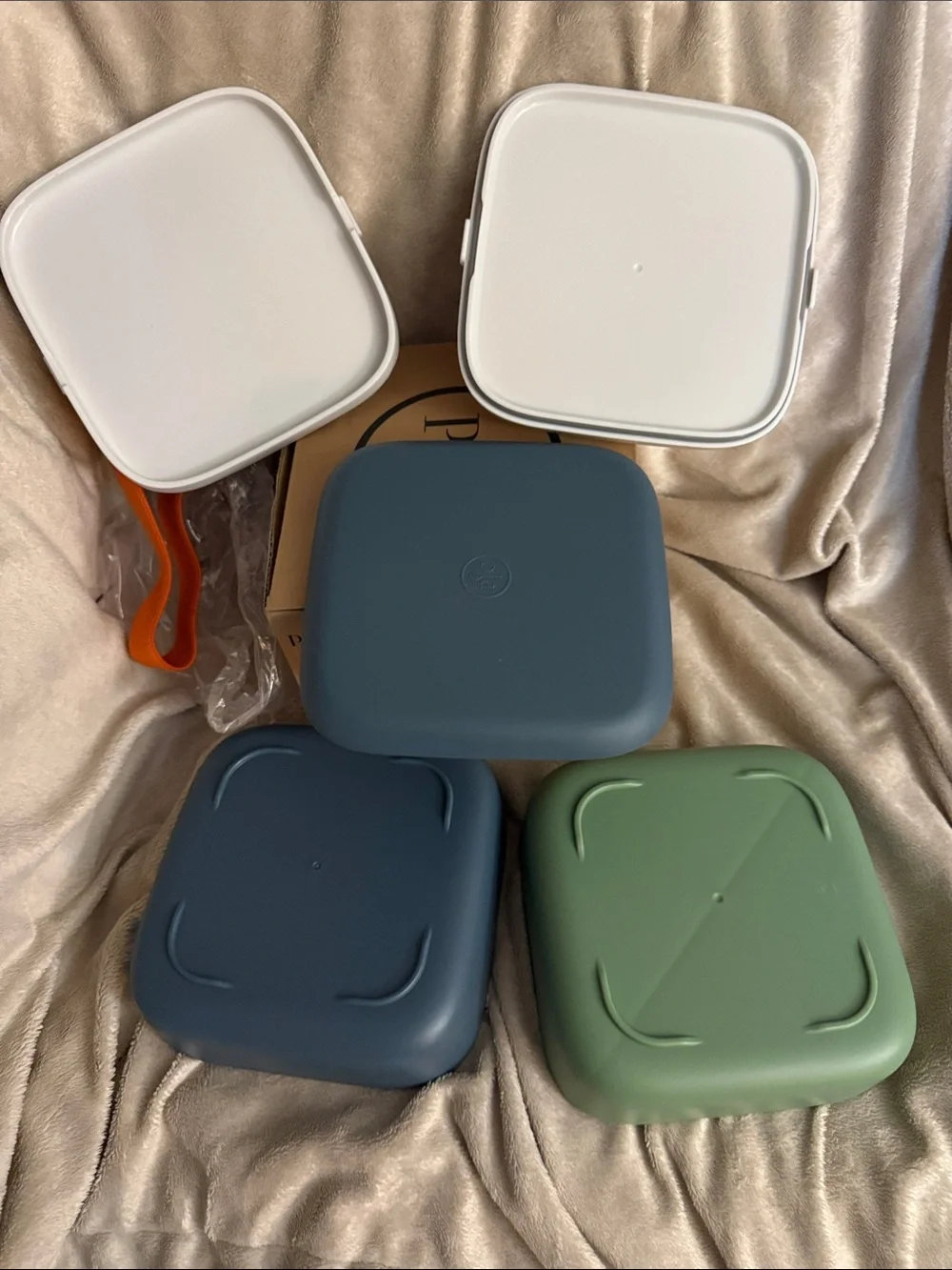 Pampered Chef Slate Blue & Sage Green Stackable Bento with Orange Strap